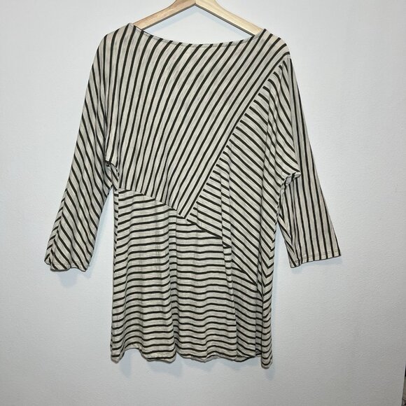 CHICOS 2 Top Size Large Striped Stretch Tunic Green White Long Sleeve Cotton - Picture 2 of 9
